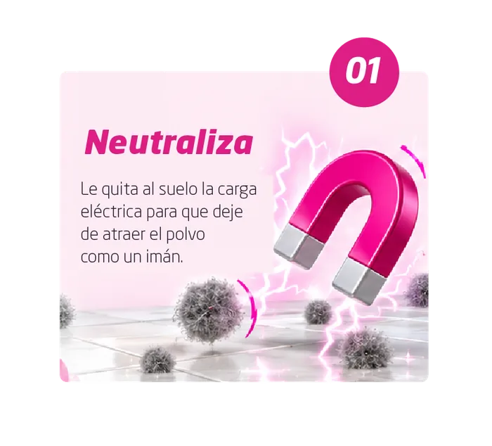 01 Neutraliza: le quita al suelo la carga eléctrica para que deje de atraer el polvo como un imán.