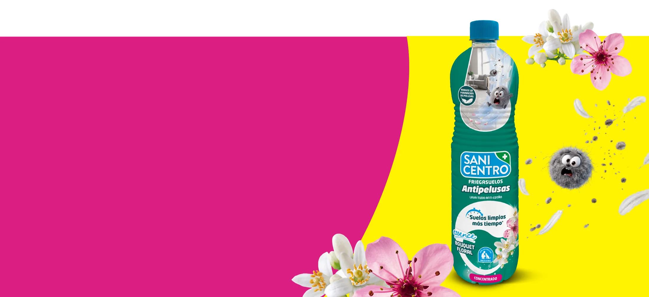 Botella Sanicentro Essence Friegasuelos Antipelusas con flores