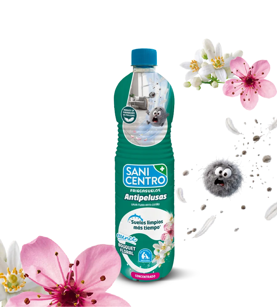 Botella Sanicentro Essence Friegasuelos Antipelusas con flores